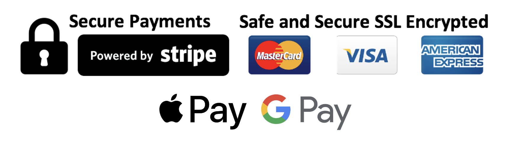 Secure payment methods including Stripe, Mastercard, Visa, and American Express